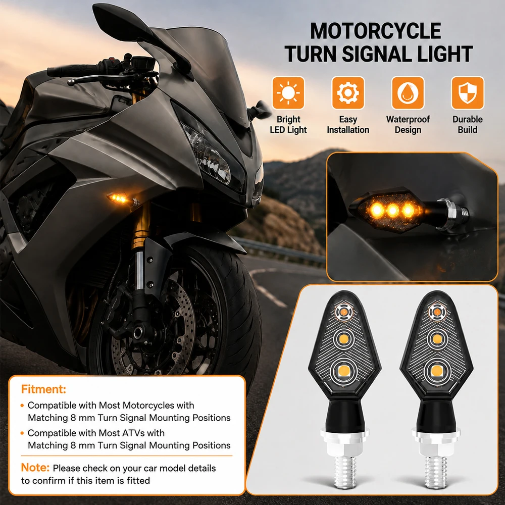 2 pcs For Most Motorcycles ATVs with Matching 8 mm Turn Signal Mounting Positions Motorcycle Turn Signal Light Amber Light