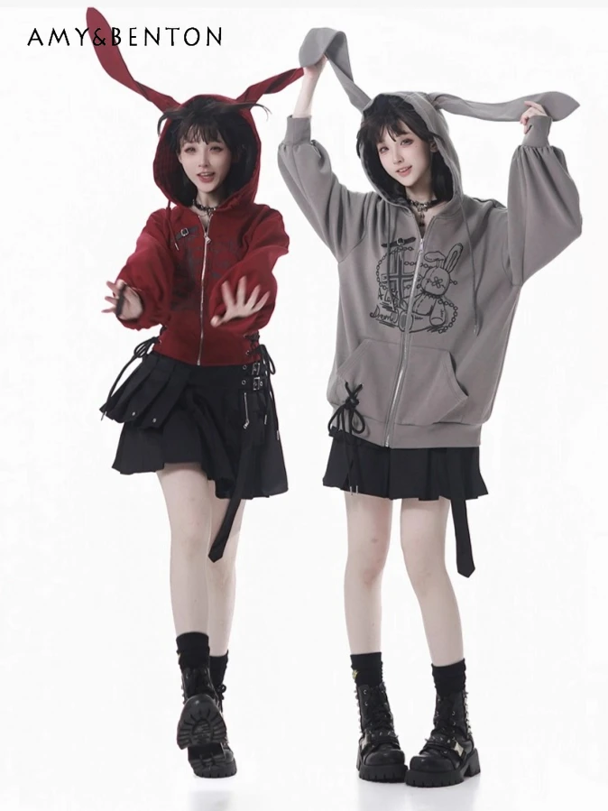 Pinksavior Original doux mignon imprimé lapin oreille Zip veste à capuche plissée jupe irrégulière automne hiver Harajuku Style tenues