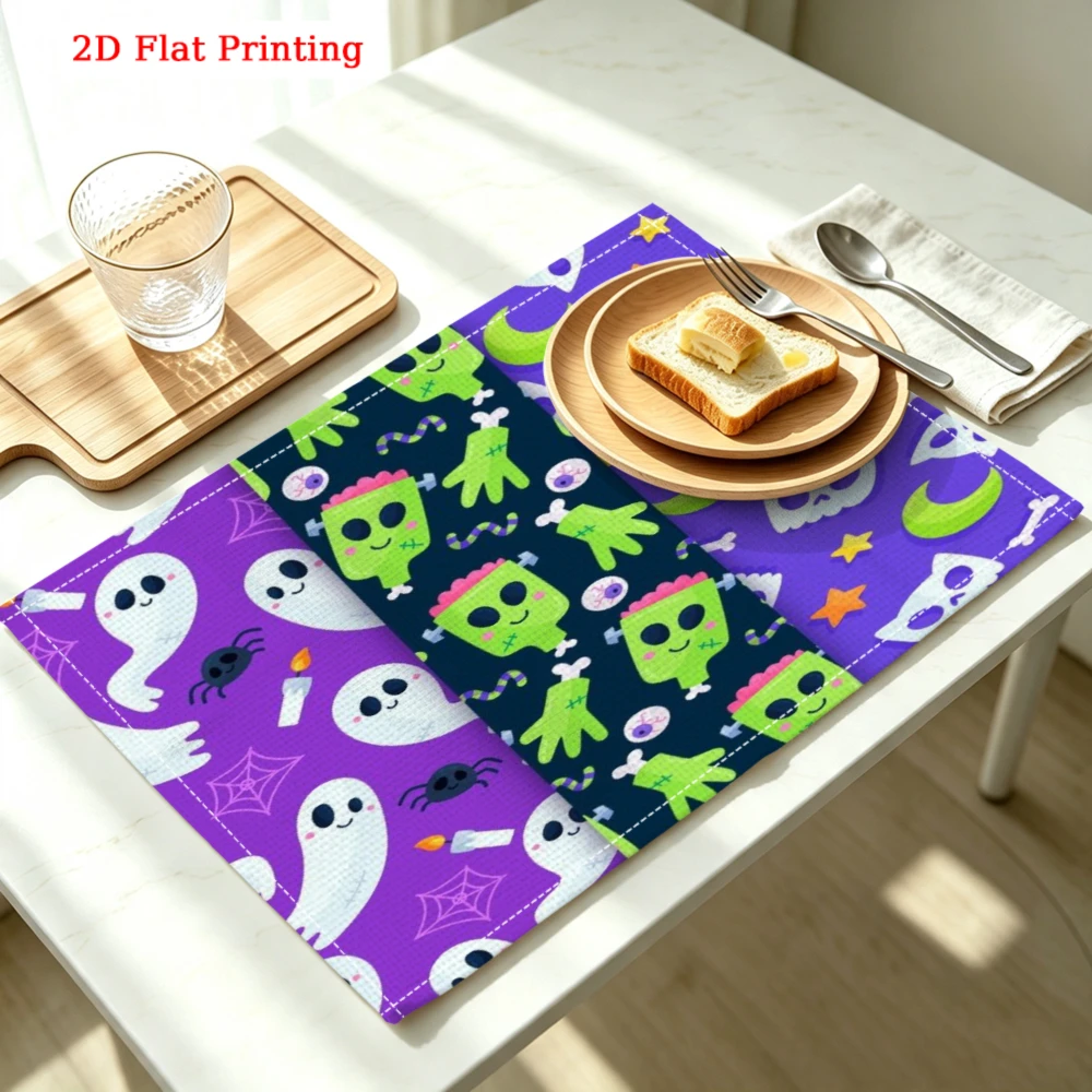 1pc Halloween Placemat Purple Green Ghost Zombie Skull Print Table Mat For Dining Kitchen Home Decor Party Use 30x40cm