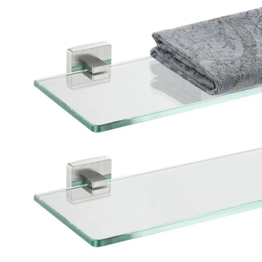 

Bathroom Glass Shelf, Floating Tempered Glass Shower Storage by 5, 304 Stainless Finish Wall Mount 2 Pack, TGS1L-BN-P2