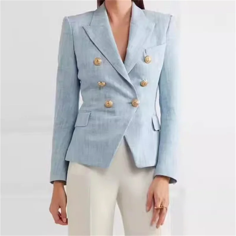 Women\'s jacket 2024 autumn new in outerwears double breasted slim suit jacket Metal button decoration long sleeved top y2k Coat