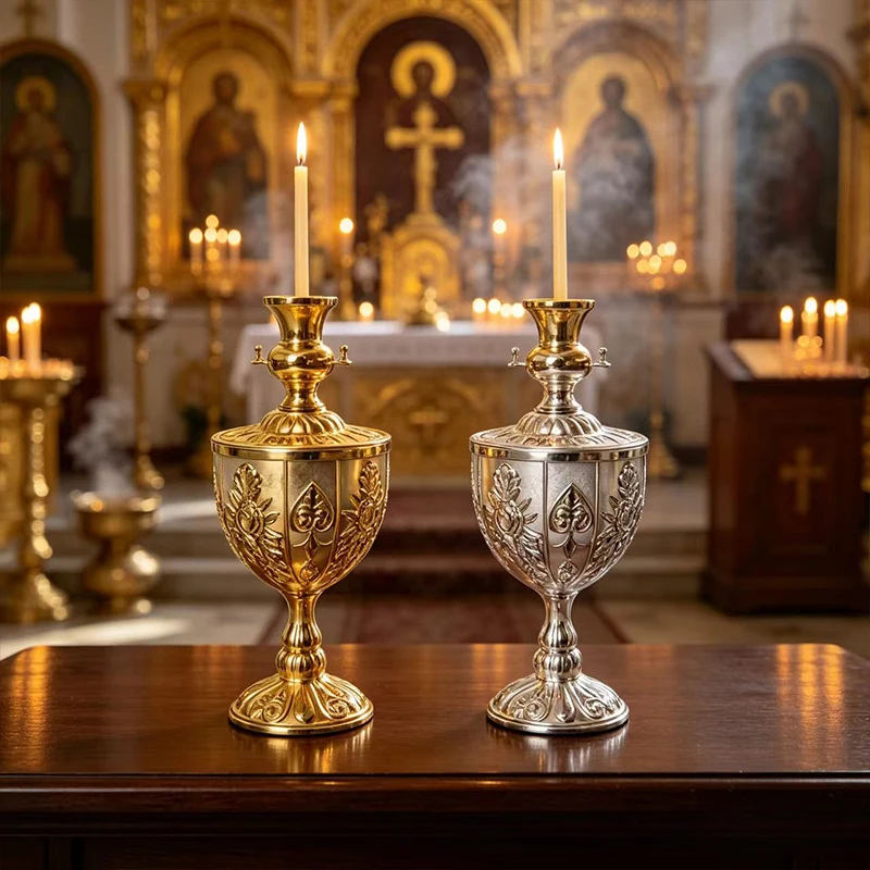 Verzierte Gold-Metall Orthodoxe Vigil-Lampe Roter Glas-Kerzenhalter mit Kreuz Emaille-Lampe für Heim-Altar Christliches Religiöses Geschenk – Detail 5