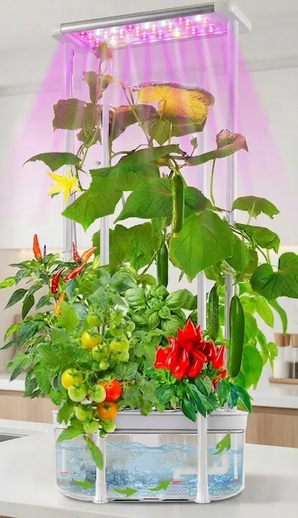 

Smart Hydroponic Garden Kit with LED Light and Trellis for Indoor Plants Like Tomato, Pepper, Cucumber