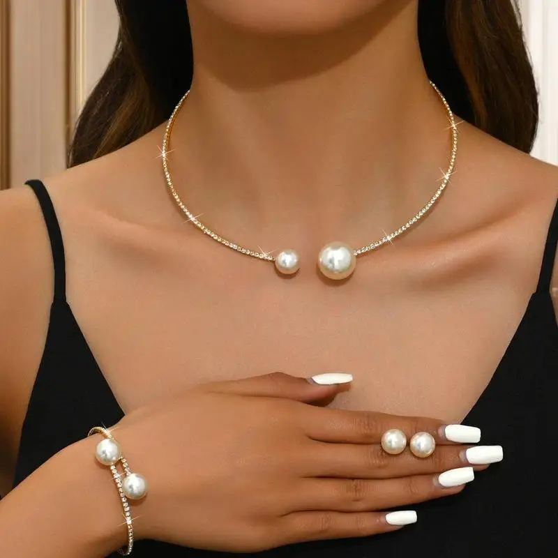 魅力的な 2 ピースの女性用パール ラインストーン ネックレスとブレスレット セット、結婚式のパーティーやギフトに最適です。