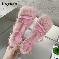 Eilyken Designer Fluffy Feather Sandali da donna con punta quadrata Moda sexy Cinturino con fibbia Festa di nozze Scarpe estive con tacco alto da donna