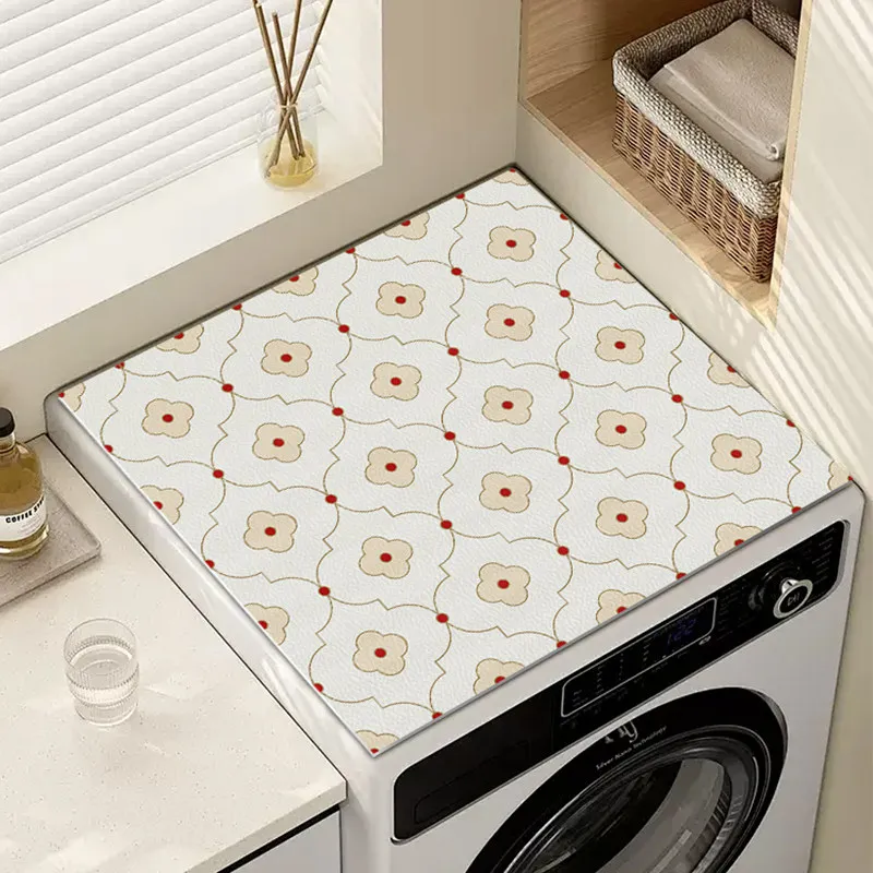 VIKAMA Off White Four Leaf Flower Washing Machine Top Mat Minimal Line Print Waterproof Anti Dust Dryer Cabinet Pad
