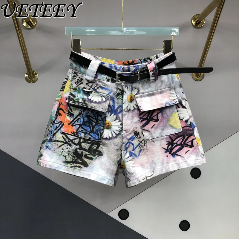 

Цветные джинсовые шорты с принтом граффити, женские летние шорты 2023, новые универсальные тонкие широкие шорты трапециевидной формы с высокой талией, шорты