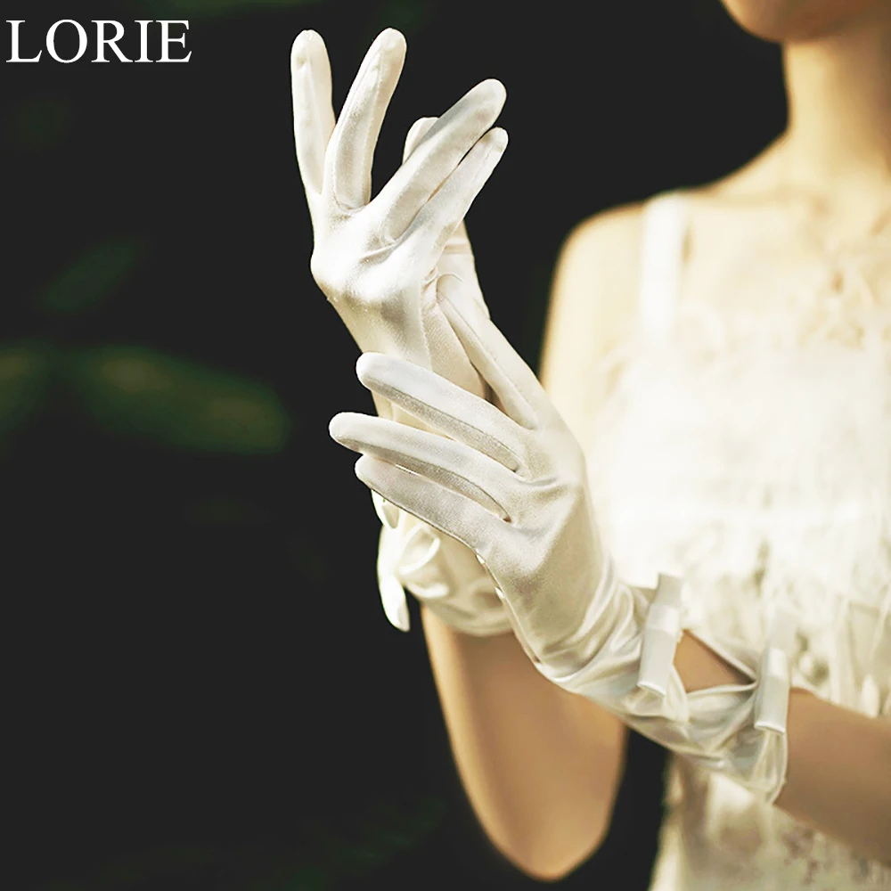 

LORIE White Elegant Satin Bridal Gloves Finger Bow Wrist 2024 Wedding Party Accessories Hepburn Style Bride Gloves Vintage