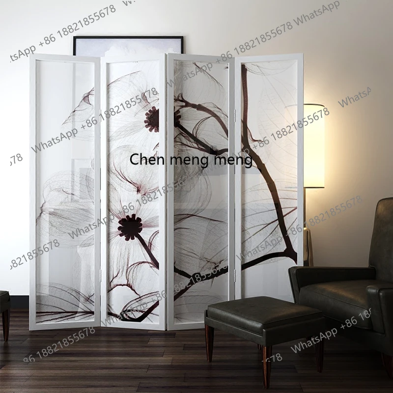 Simple screen partition living room bedroom study office semi-transparent fabric yarn folding mobile solid wood folding screen