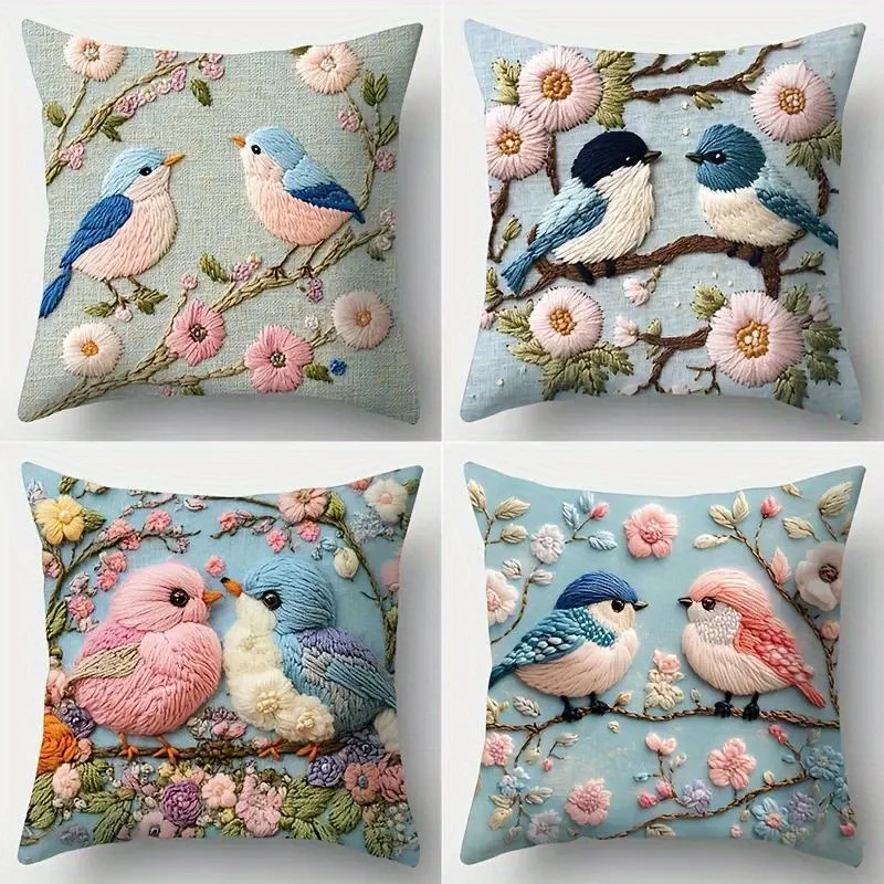 Floral Bird Pillow Covers 4pcs, 2D Digital Print Faux Embroidery, Soft Polyester Zippered for Living Room Sofa Decor