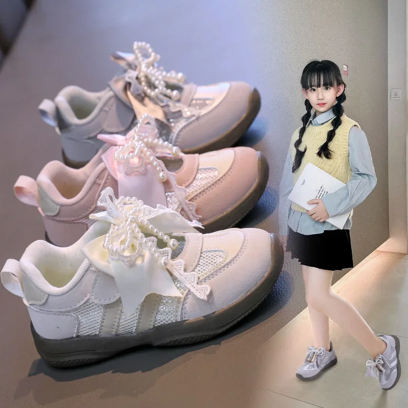 

Children's Casual Sports Shoes 2025 Summer Fashion Pearl Bow Girl Princess Shoes Soft Sole Anti Slip Kid's Sneakers