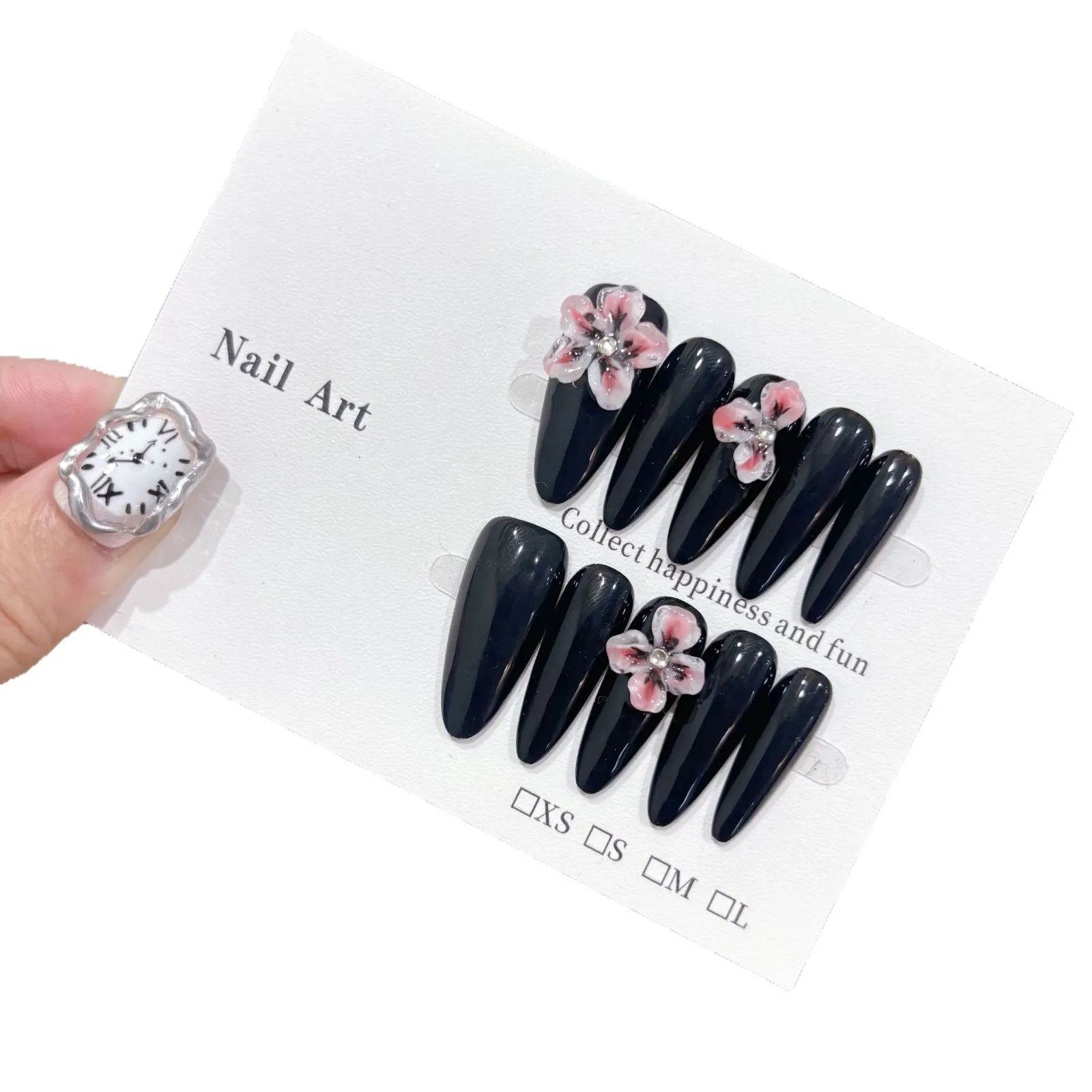 10 stuks handgemaakte lange druk op nagels zwart effen kleur 3D snijwerk bloemen decor zoete coole nepnagels draagbare nail art spice girl