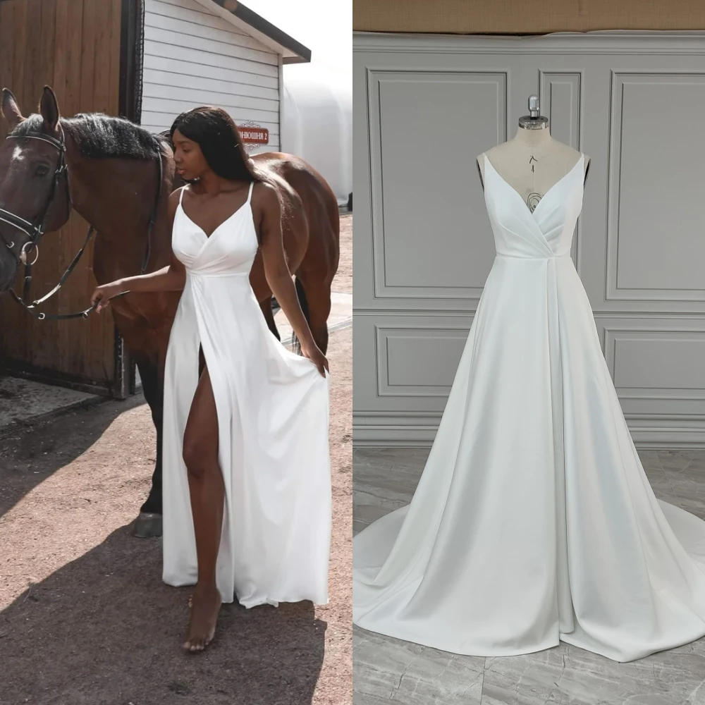 12020 #   Personalizado boho cintas de espaguete alta fenda lateral vestido de casamento baixo volta trem varredura vestido de noiva para mulher novia