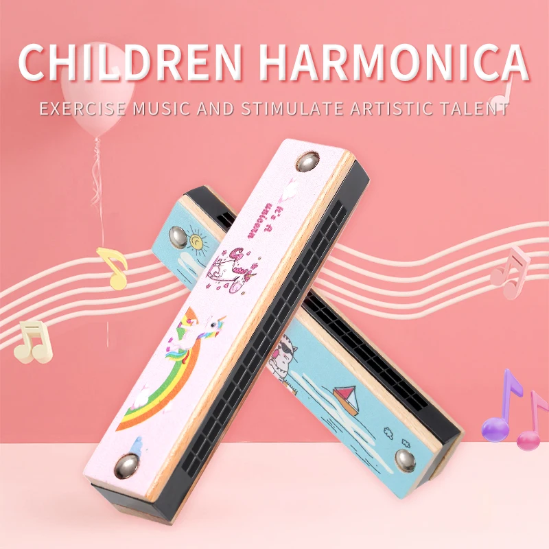 Bee 16 hole wooden harmonica with cute cartoon picture Toy Musical instrument Early Educational Toys for children