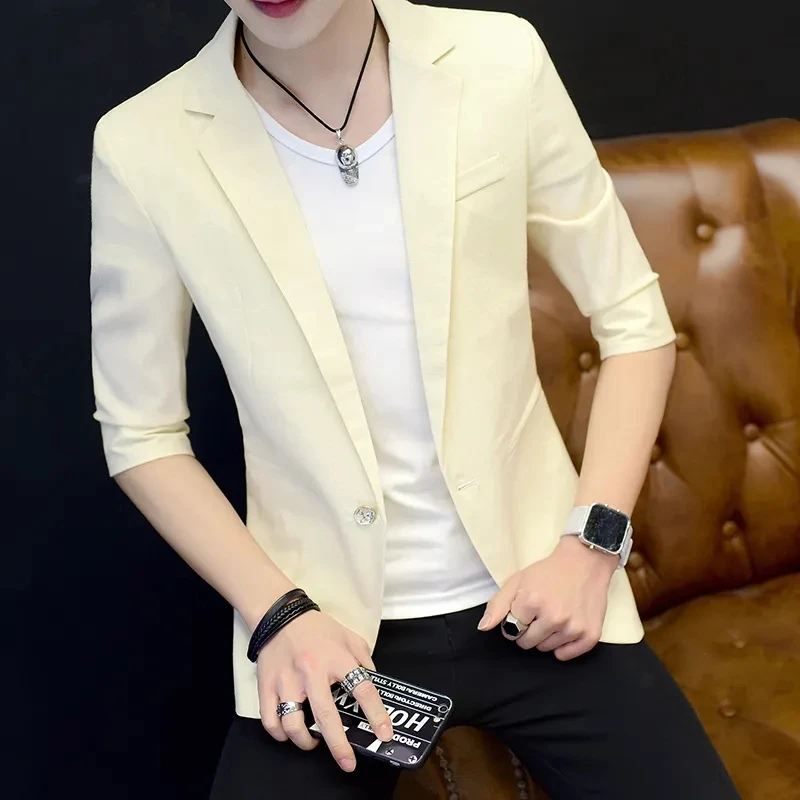 Thin Men's Suit Jacket Mid-Sleeve Korean Slim Coat Spring Summer Solid Color Casual Blazer Fashion Single Buckle Tops