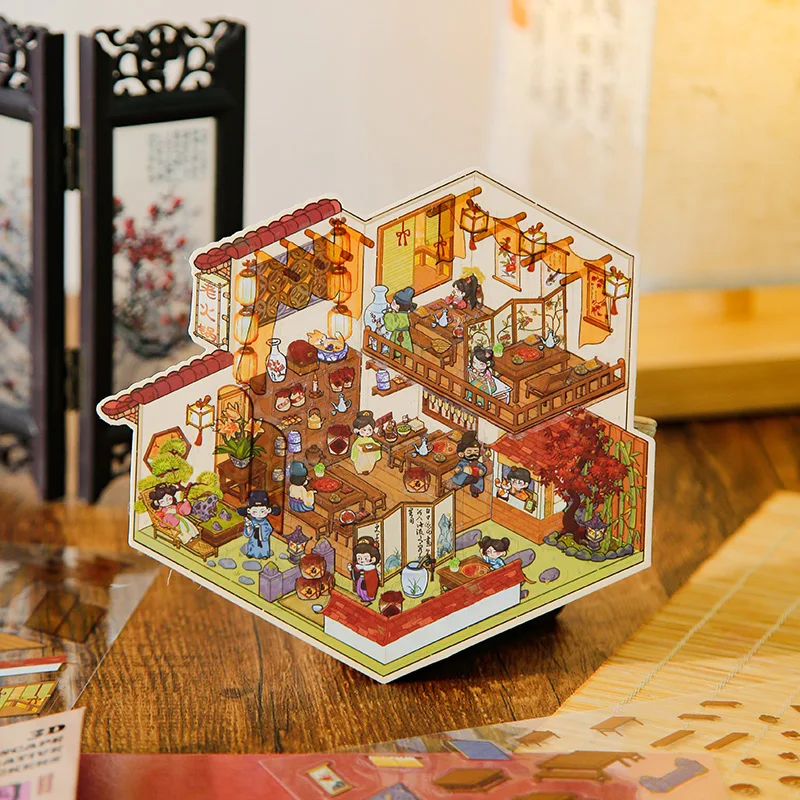 3D Landscape Sticker Chinese Style Leisure Elegant Architecture Series Vintage Scrapbook DIY Handbook Decoration For Notebook