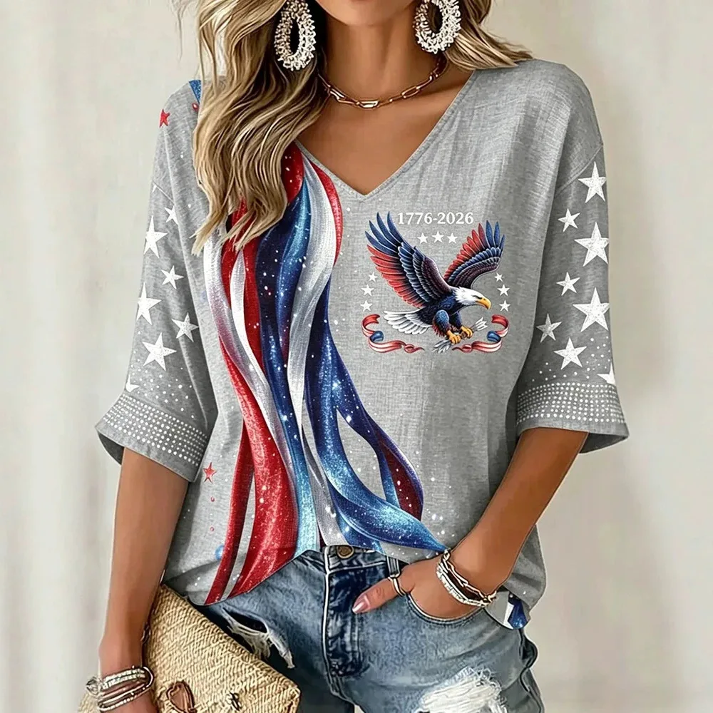 Women 1776-2026 250th Anniversary Patriotic Flowing Flag Eagle Star Sleeve Loose V-Neck Tee Top