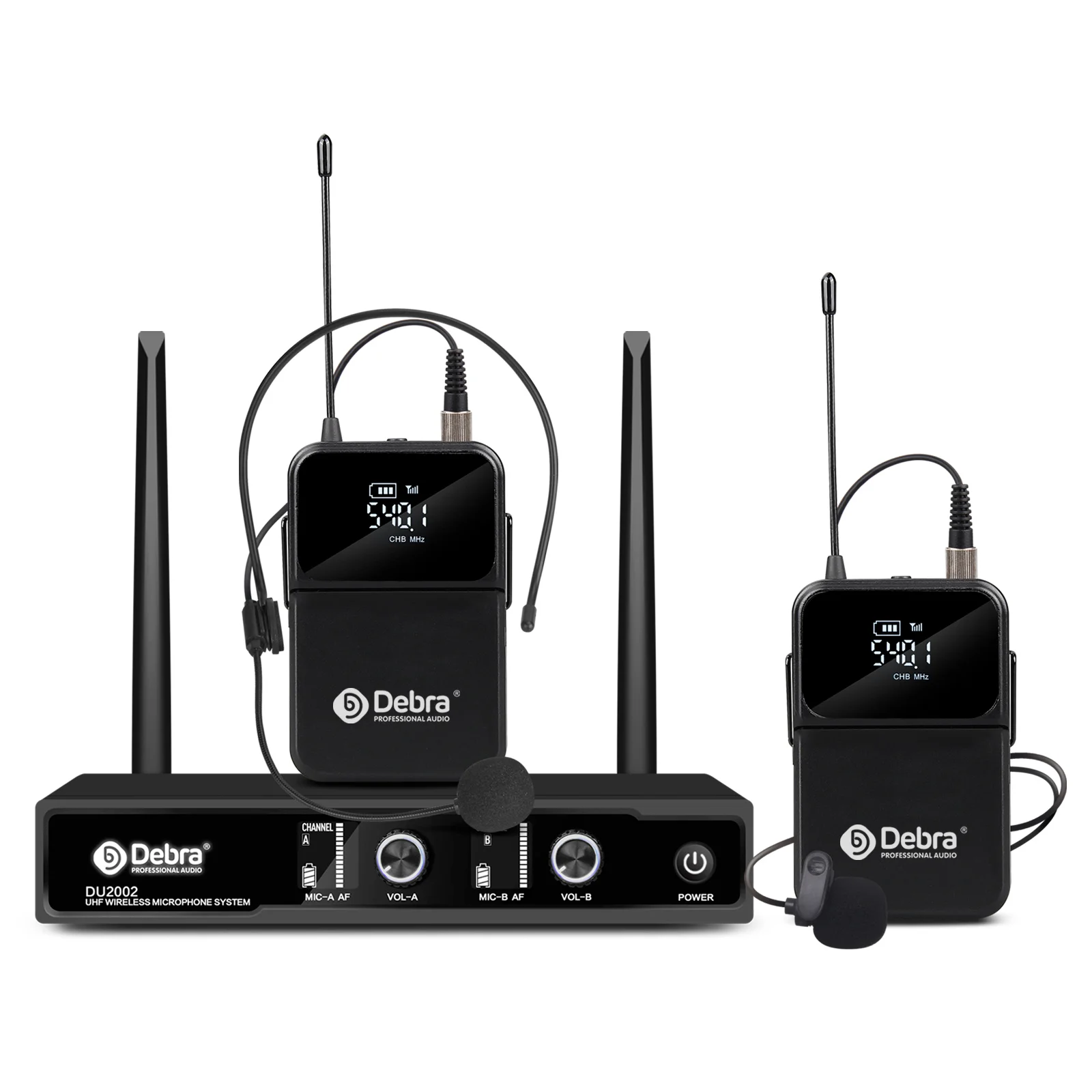 Professioneel UHF draadloos microfoonsysteem 2 kanalen met 60 m bereik, LCD-scherm, handheld/lavalier/headsetmicrofoons voor spraak, mij