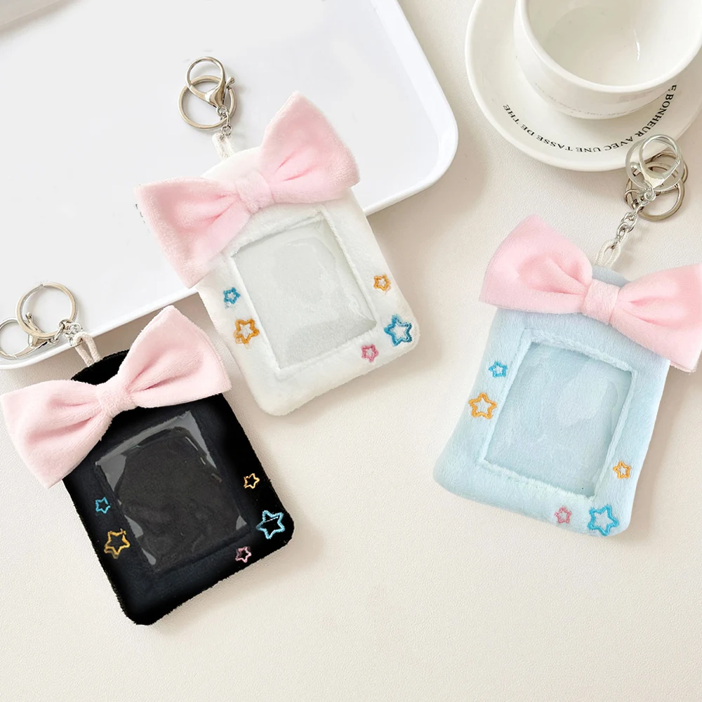 Cute Plush Photocard Holder Transparent Card Sleeve With Keychain For Girls Bowknot Decor Photo Protective Case Card Cover