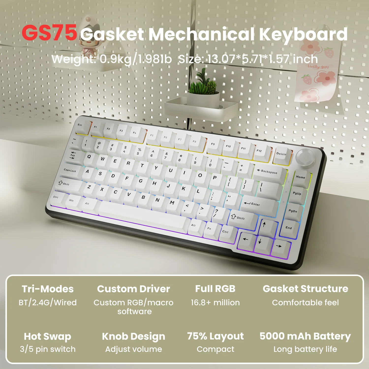 

(ASMR) EWEADN GS75 Small Portable wireless low-latency mechanical 75% customized keyboard, Game and Office, for Windows Laptop