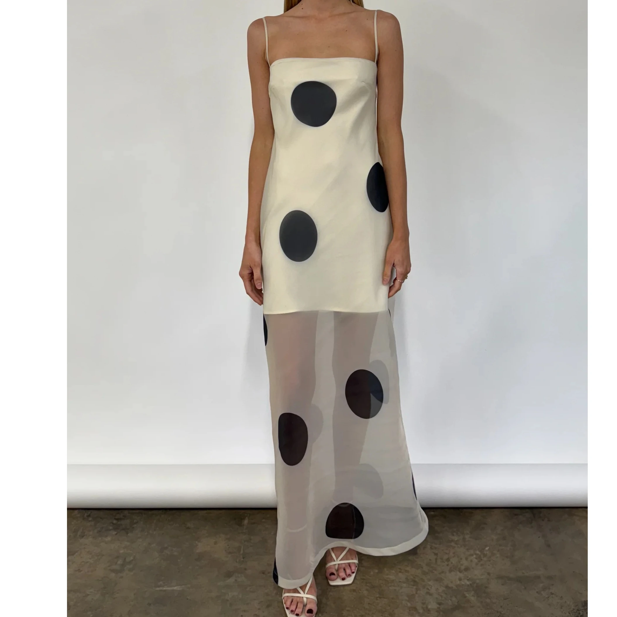 Women's Double-layer Long Dress Sleeveless Spaghetti Strap Dot Print Mesh Cami Elegant Summer Fashion Vestidos