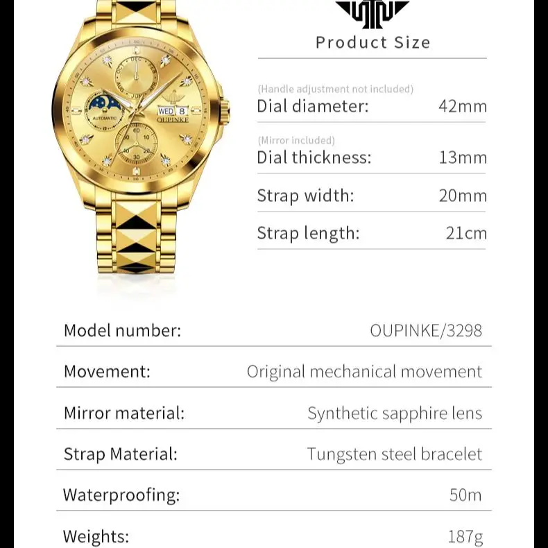 OUPINKE 3298 Full Automatic Mechanical Men\'s Watch Original Brand Deep Waterproof Multifunction NEW Dress Man Gold Hand Clock