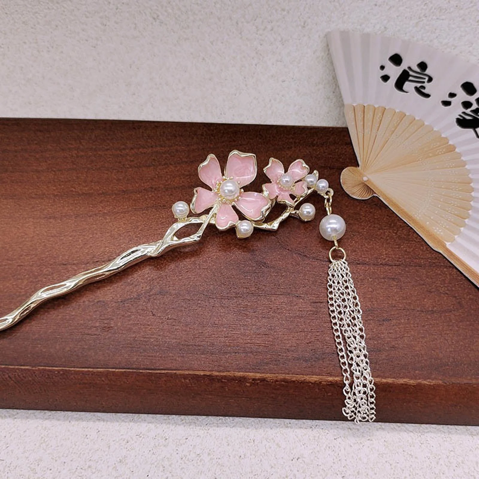ピンクの花柄タッセルヘアスティック 中国漢服に合うヘアアクセ - Hair Fork Stick のレビューと価格