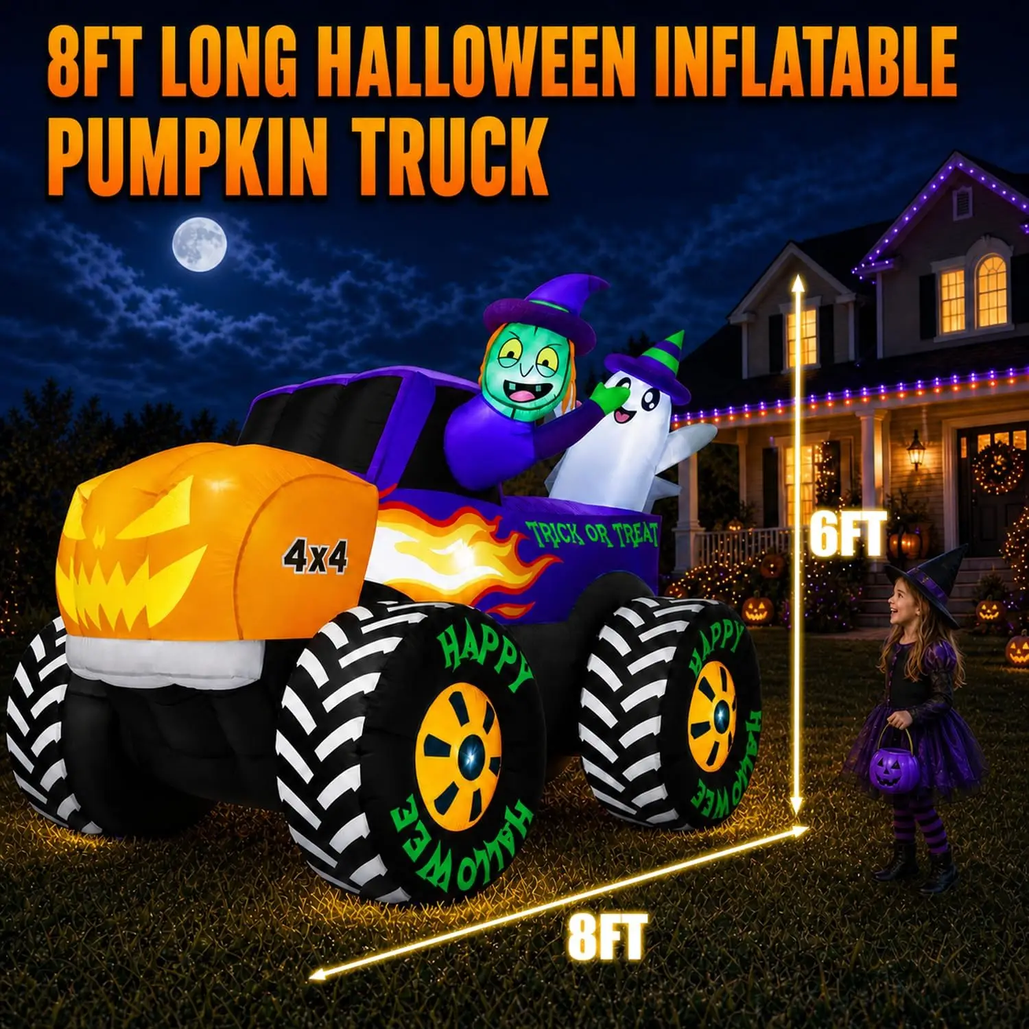 8 Foot Giant Halloween Inflatables Decoration Outdoor Monster Truck Blow Up Built In Leds Huge Pumpkin Easy Setup Strong Blower