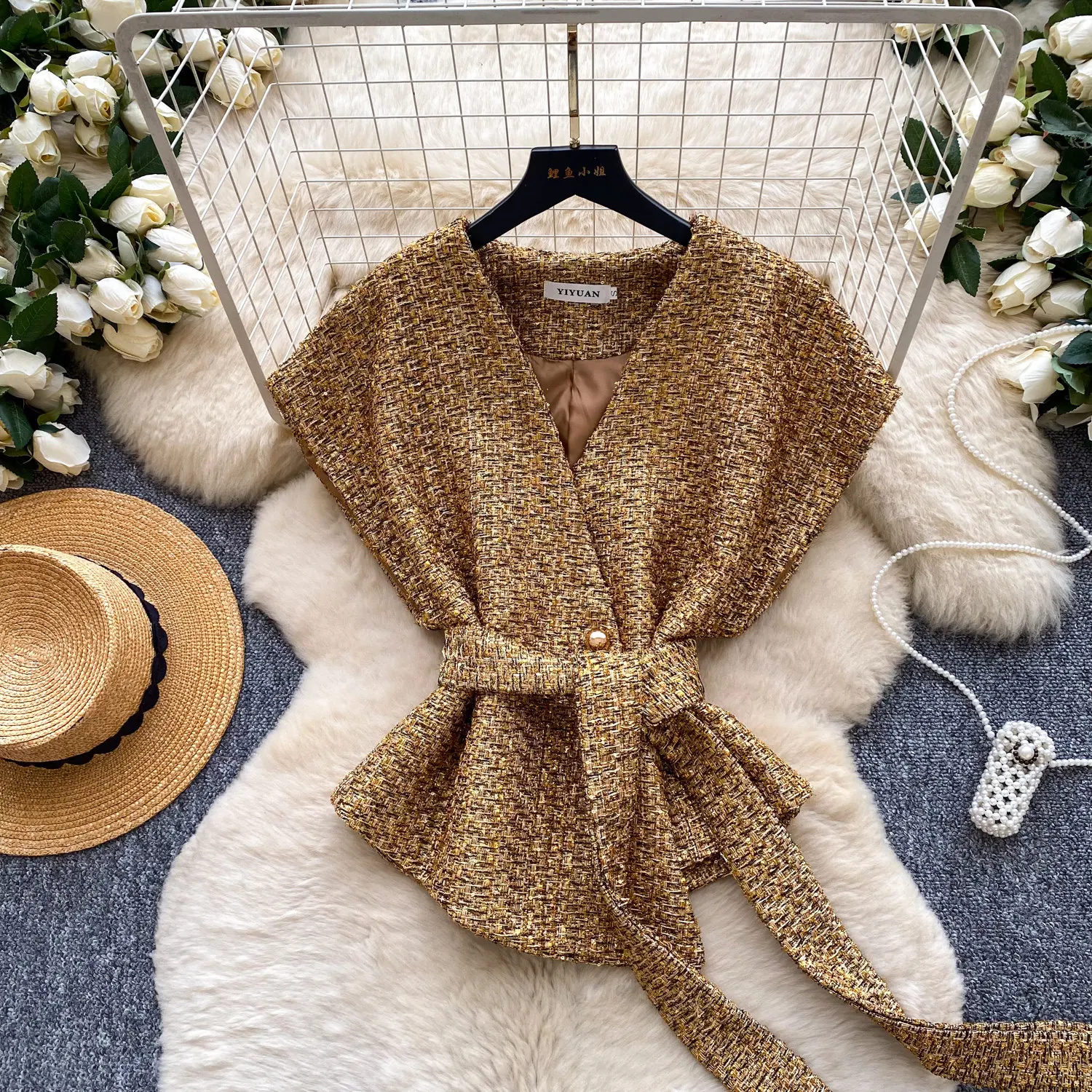 

Винтажная элегантная модная блузка без рукавов в стиле High Street, повседневная женская блузка с завязками, офисная одежда для женщин.