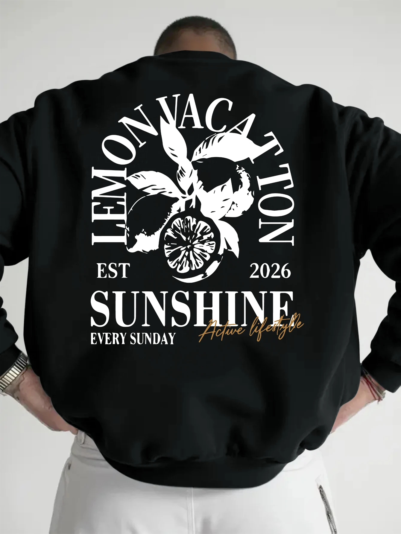 Men Lemon Vacation Sunshine Sweatshirt Retro Lemon Fruit Letter Graphic Crewneck Vintage Holiday Aesthetic Oversized Streetwear