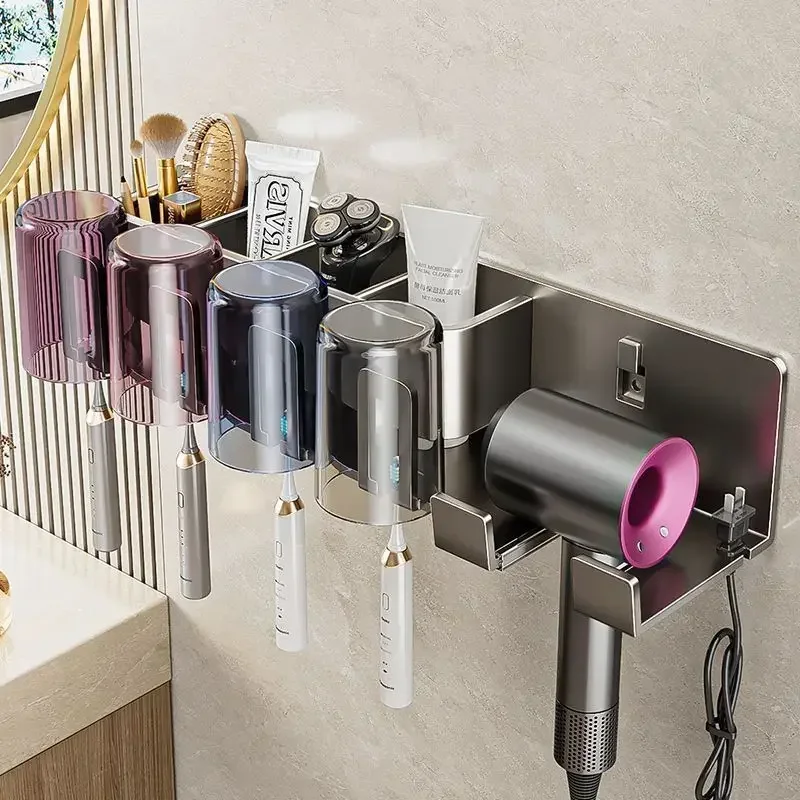 

Punch Free Electric Toothbrush Holder Toothpaste Cup Wall Mounted Punch-Free Bracket Storage Hook Hair Dryer Rack
