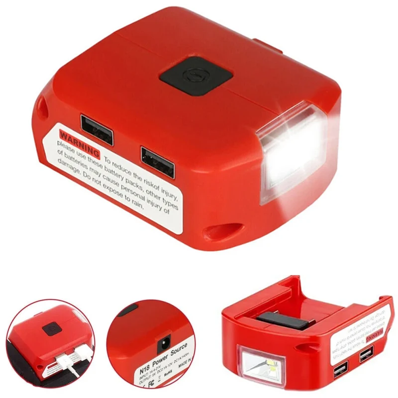 Adaptador de bateria carregador de porta usb dupla para milwaukee 18v fonte de alimentação da bateria dc 12v/2a 3w luz led para jaqueta aquecida