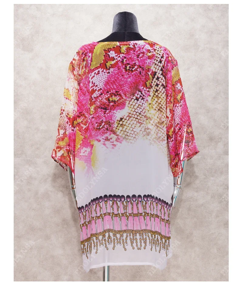 Women's Beach Cover Up Dress Snake Print Chiffon V-Neck Tunic  Long Sleeve Swimwear Wrap for Summer Vacation