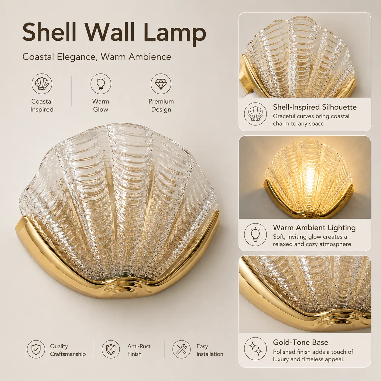 Luxury Wall Light Brass Shell Creative Glass Decoration French Retro Living Room Bedroom Foyer Corridor Mirror Wall Lamp