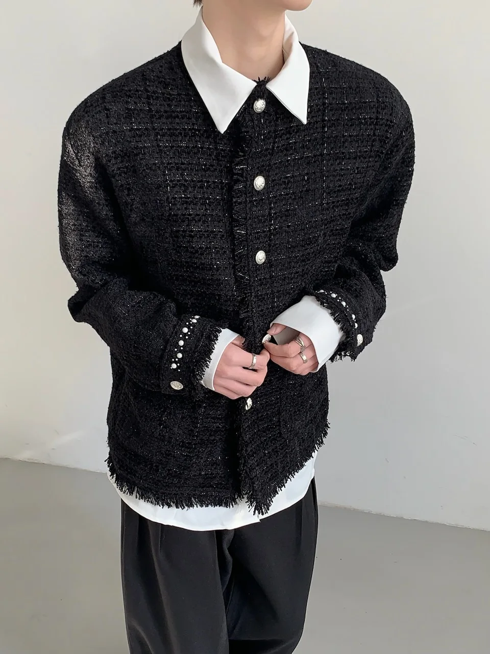 

Quan Spring oulder Pad Men's Jaet Stand Collar Fraance Sle Outerwear Long Sve Regular Length Single Button Closure