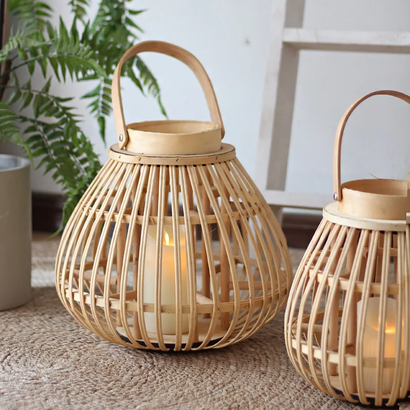 Bamboo Weaving Wind Lamp Portable Lamp Candle Holder Model Room Garden Courtyard Tabletop Ornament Lantern New Chinese Candle