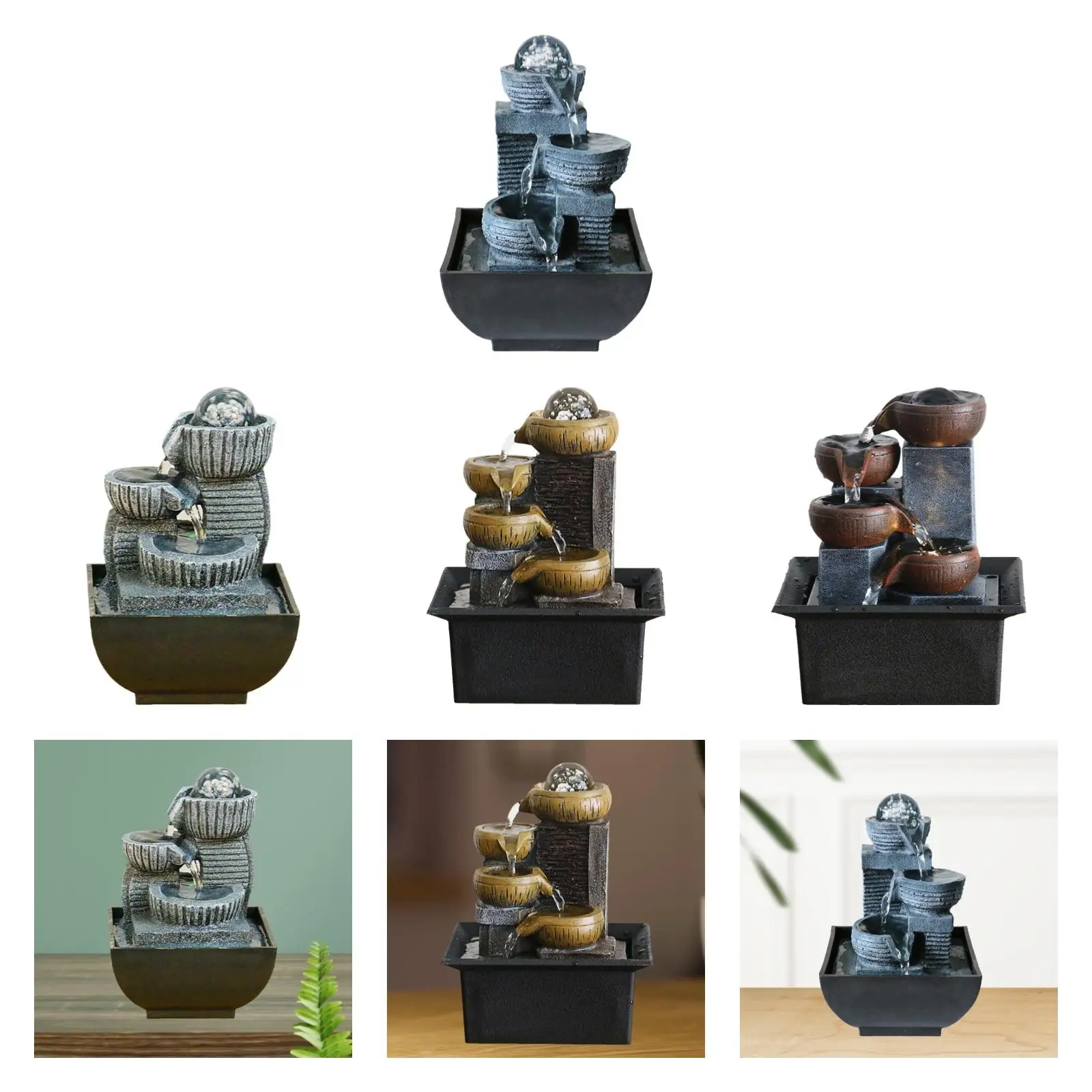 Tabletop Water Fountain Resin LED Flow Water Miniature Indoor Decor USB Feng Shui for Meditation Room Bedroom Office