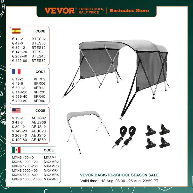 VEVOR 3 Bow Bimini Top Boat Cover, Detachable Mesh Sidewalls, 600D Polyester Canopy with 1