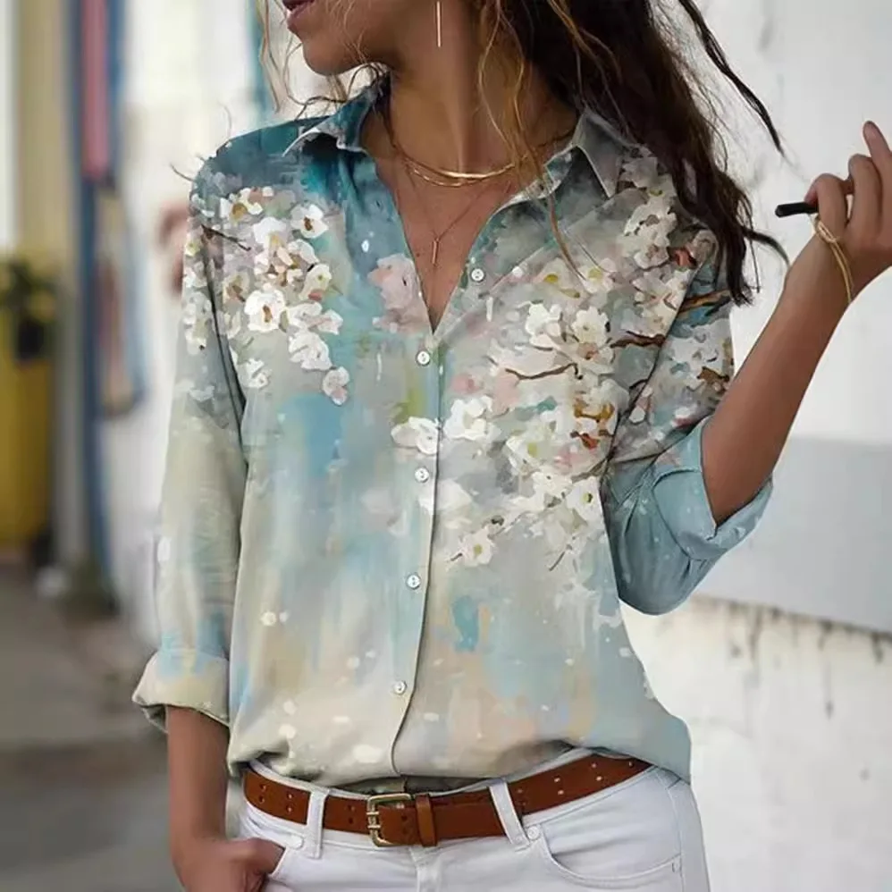 Women's Instant irt with Wi Print Long Sve Polyester Commute Sle Faionable Ladies' irt Spring Season Apparel