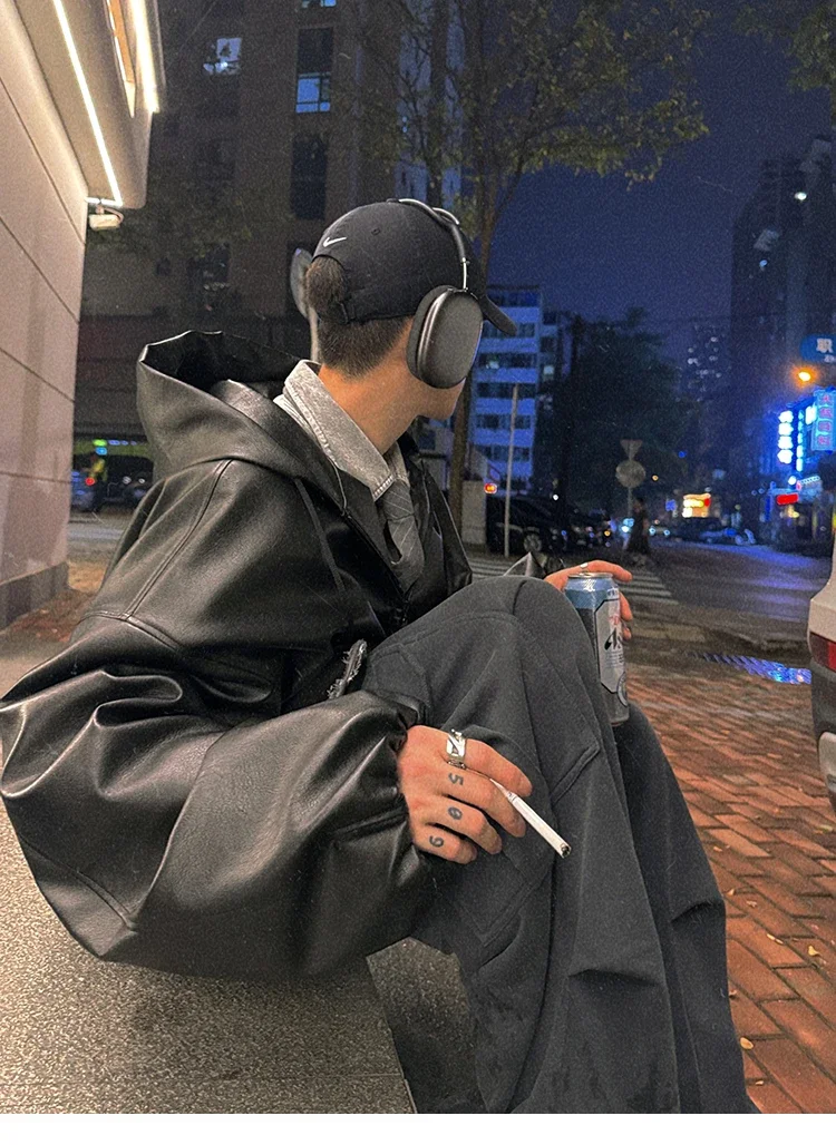 Frühling Herbst Kurze Übergroße Schwarze Weiche PU-Lederjacke für Männer mit Kapuze Reißverschluss Locker Lässig Koreanische Modekleidung – Detail 24