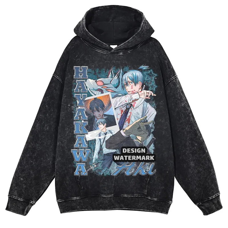 Bluzy Anime Chainsaw Man Denji Makima Aki Reze Nadruk Vintage Sprane Bluzy z Kapturem Oversize Męskie Bluzy Bawełniane