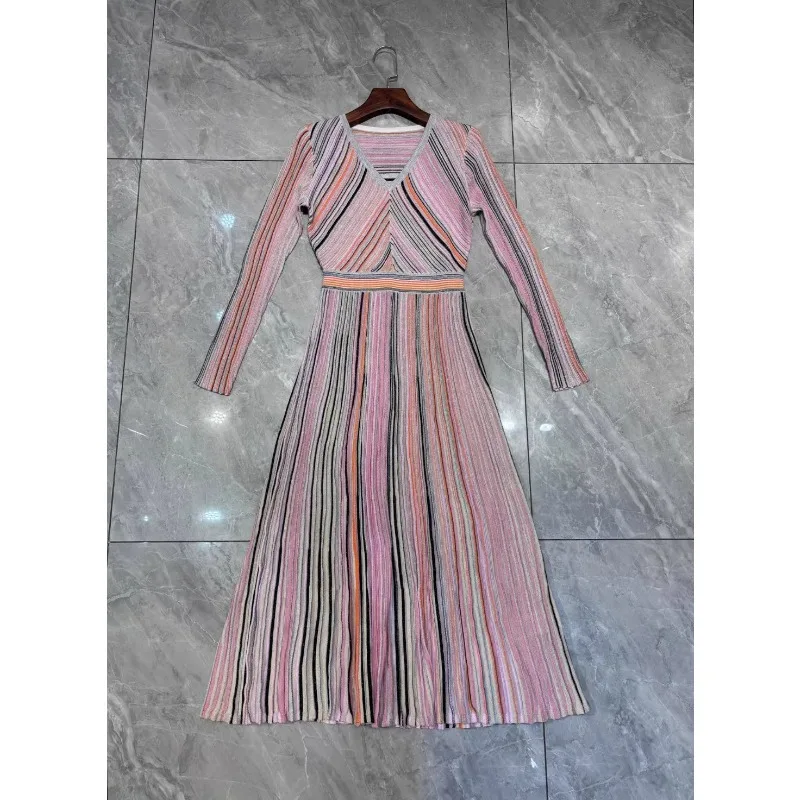 Autumn New Women's Dress High Quality V-neck Long Sleeve Striped Metal Line Luxury Ball Formal Women's Evening Dress