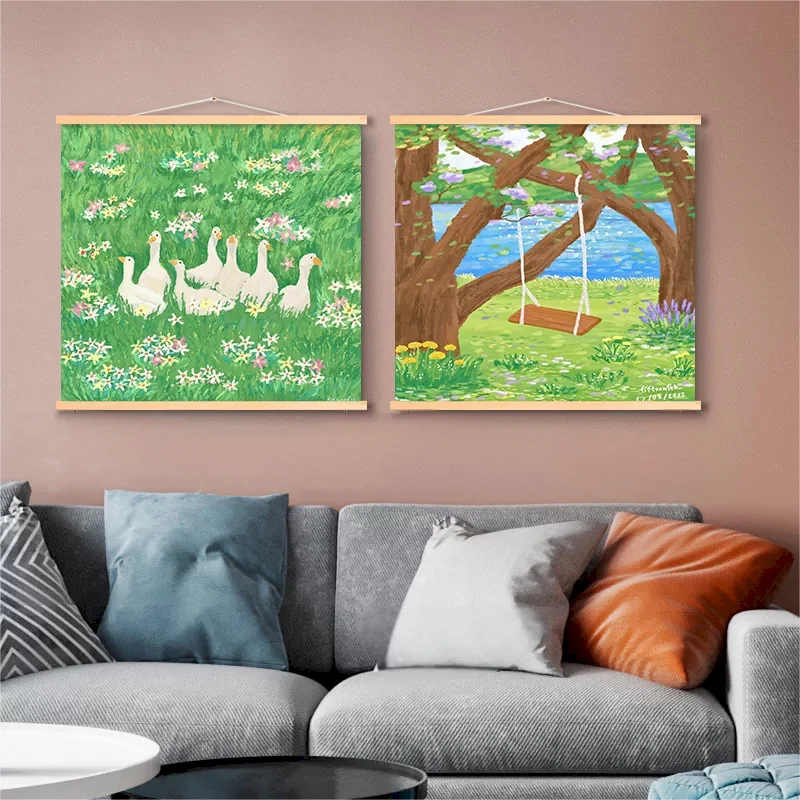 VIKAMA Cute White Goose Duck Flower Grassland Tapestry Wall Hanging Aesthetics Bedroom Home Decoration