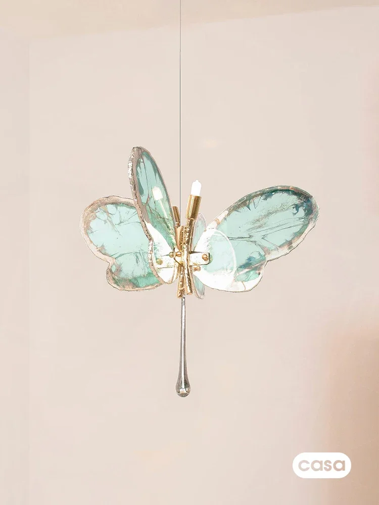 Butterfly chandelier in restaurant, medieval art, colorful glass, dreamy crystal lamp in girls' room