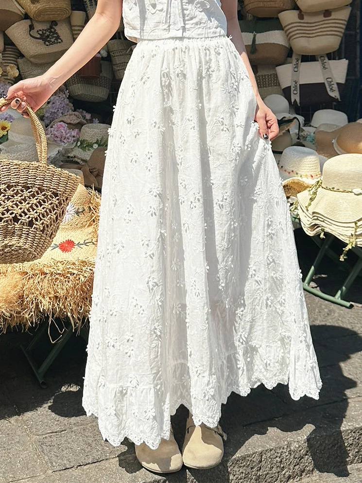 Romantic Style High Waist A-Line Skirt Women's Half-length Lace Trim Summer Beautiful Cake Skirt Breathable Skin-friendly Pol...