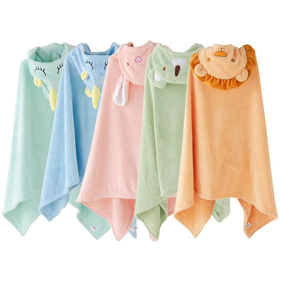 

Baby Coral Plush Cartoon Water Wave Pattern Shower Towel Hooded Kids Bathing Stuff Water Absorbing Hooded Blanket 80*120cm