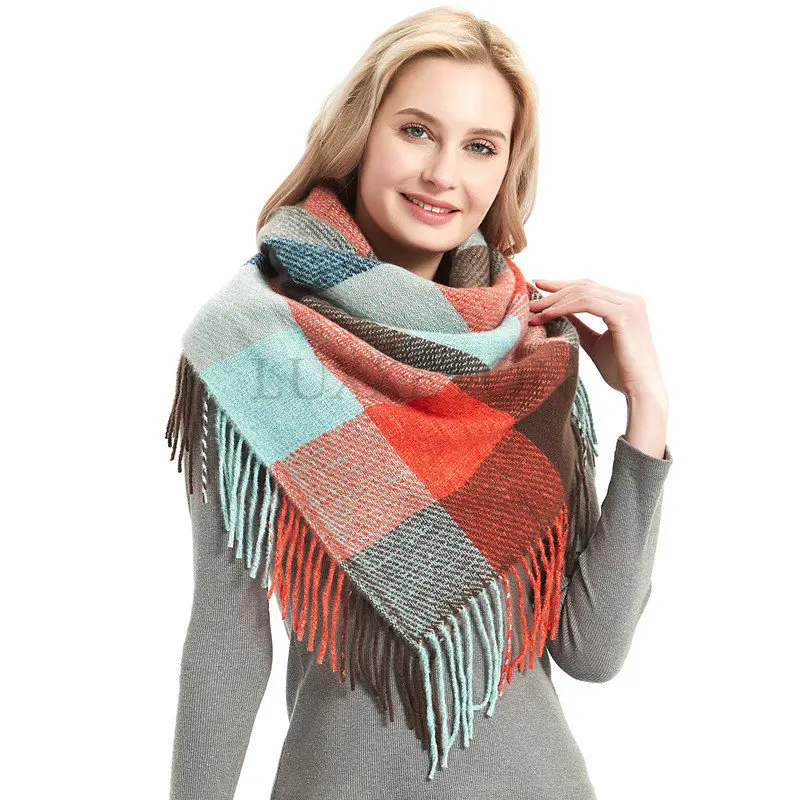 Women Knit Winter Scarf Cashmere Pashmina Female Plaid Warm Tassels Scarves Blanket Shawls Bandana Wraps Bufanda