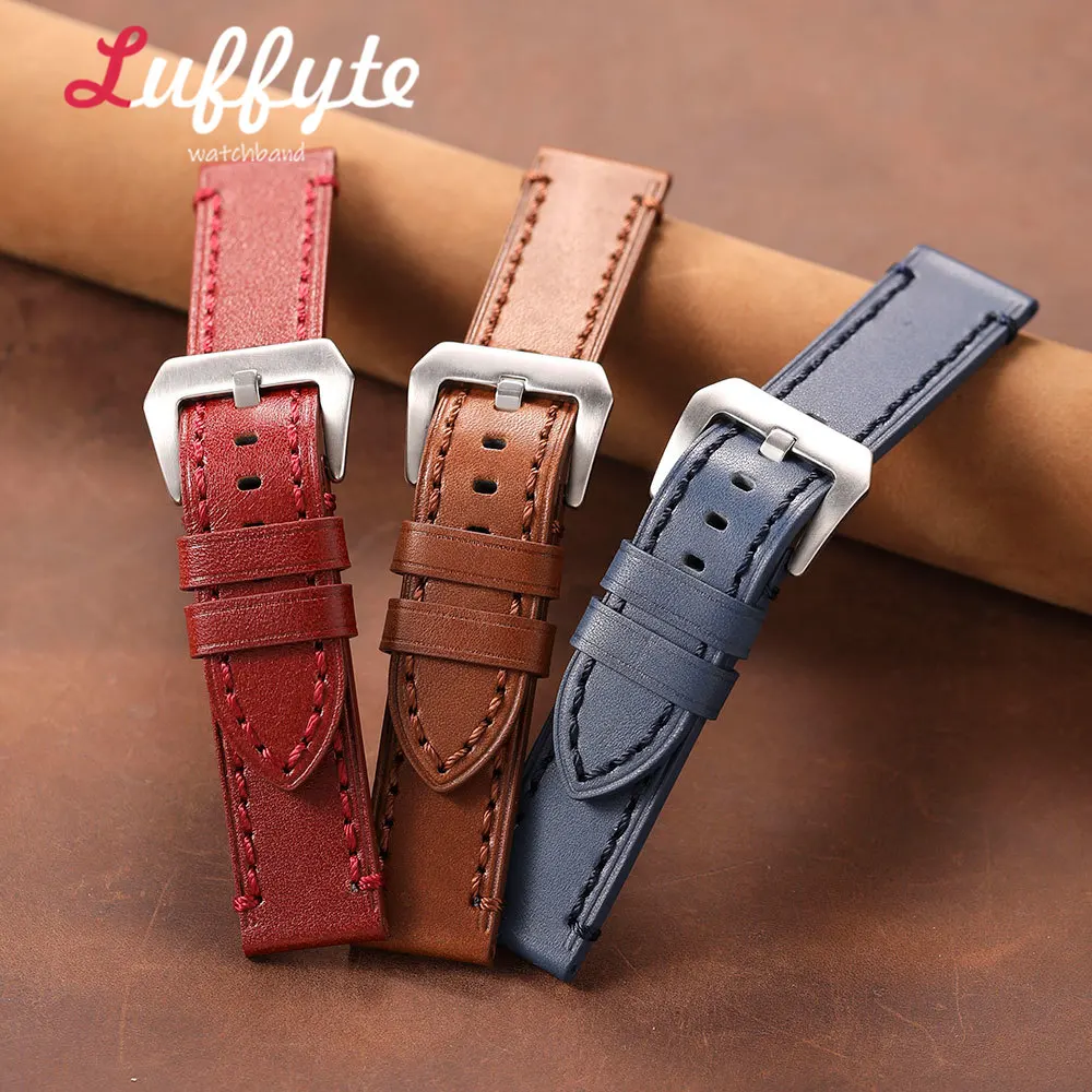 Casual Wrist Strap Rugged Genuine Leather Watchband 20/22/24/26mm Hand Stitching Men Replacement Wristband