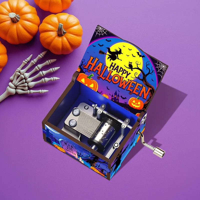 2025 New Halloween Series Art Six-sided Painted Hand-held Music Box Boutique Holiday Gift Wooden Box Vintage Music Box