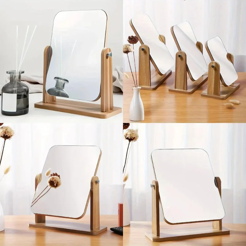 

360 ° Поворотное светодиодное косметическое зеркало с сенсорным управлением с регулируемой яркостью, 3 режима освещения, регулируемая деревянная подставка, идеально подходит для ухода за кожей, кровати